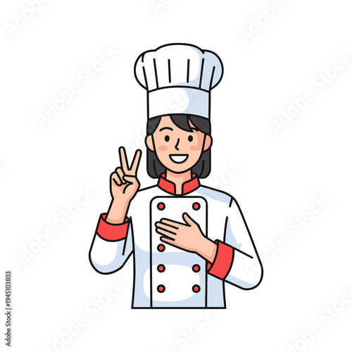 A cartoon chef with a peace sign and hand on heart