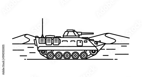 Armored Personnel Carrier in Desert Landscape, Military Vehicle Illustration
