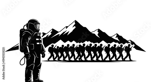 Astronaut and Team Hiking Mountains, Space Exploration, Adventure, Futuristic Expedition