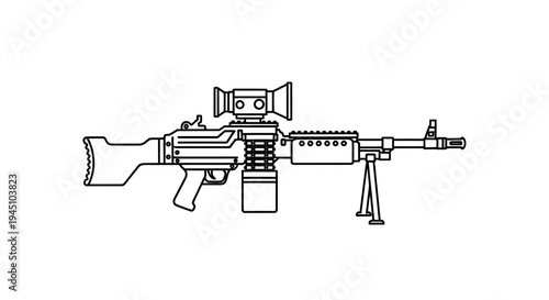 Assault Machine Gun with Scope and Bipod - Line Art Illustration