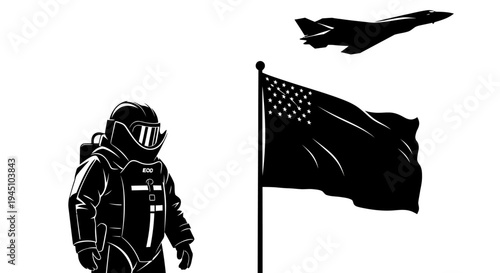 Astronaut, American Flag, and Jet Fighter Silhouette: Space Exploration and Patriotism