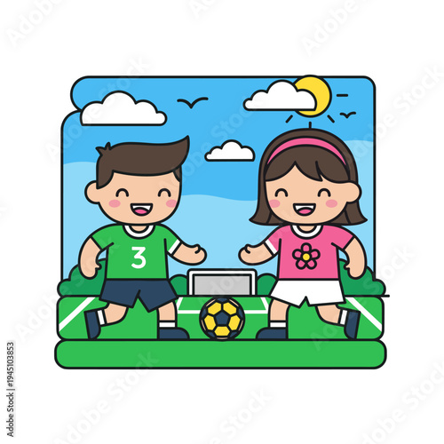 A cartoon boy and girl playing soccer together on a green field