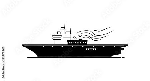 Black and white illustration of an aircraft carrier sailing on water with smoke trails