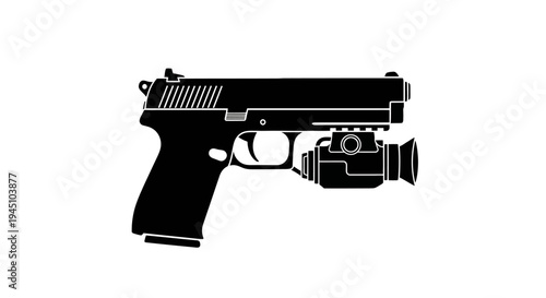 Black silhouette of a handgun with a tactical flashlight attachment on a white background