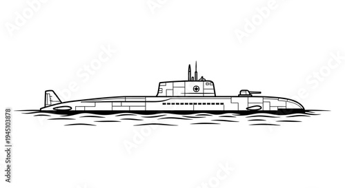 Black and white illustration of a submarine sailing on water, side view