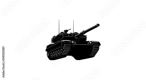 Black silhouette of a modern battle tank on a white background, military vehicle illustration