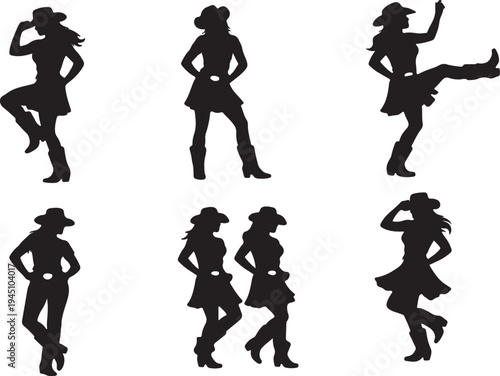 Cowgirl dancing country western line dance silhouette vector on white background