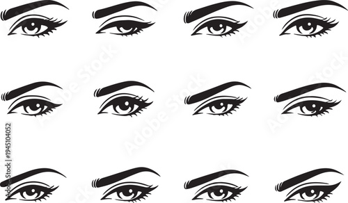 Diverse collection eyes with different eyebrow shapes set silhouette vector line art