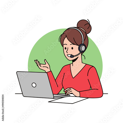 Woman wearing a headset sitting at a desk with a laptop