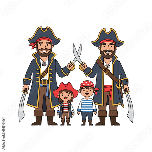 Two pirate adults and two pirate kids standing together