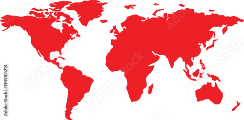Red monochromatic flat map on a white background globe atlas