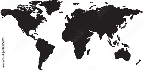Black and white flat map on a white background globe continents