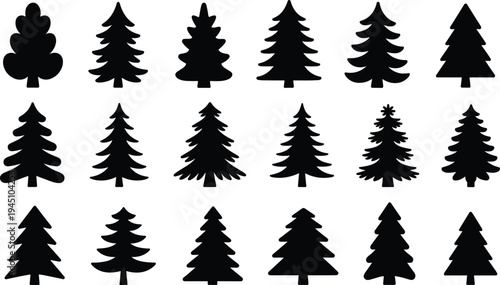 Assortment of black silhouette Christmas trees and pine trees on a white background fir tree