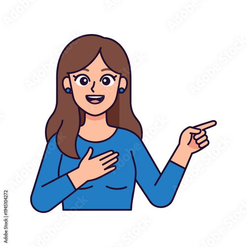 A cartoon woman pointing to the right with one hand on her chest