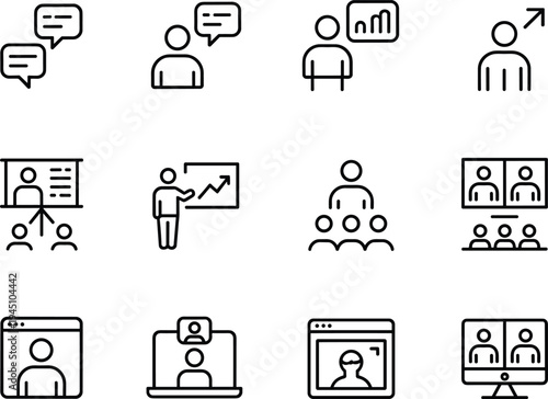 Communication icon set, business presentation symbols, virtual meeting graphics, online collaboration tools, outline style, black vector, white background