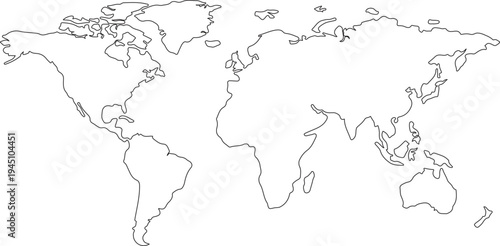 Black and white outline map with continents and islands