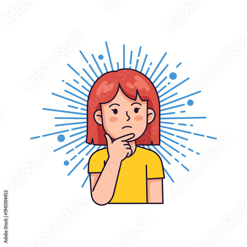 A cartoon woman with red hair thinking