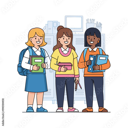 Three girls standing together with school supplies
