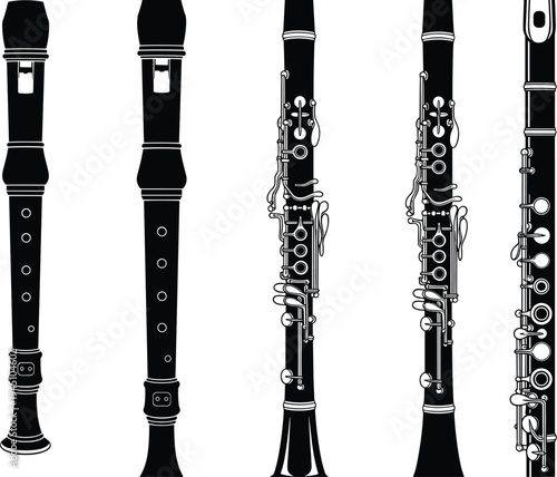 Set of clarinet and recorder woodwind instrument silhouettes isolated on light background, classical music instruments collection for orchestra, education, performance and design