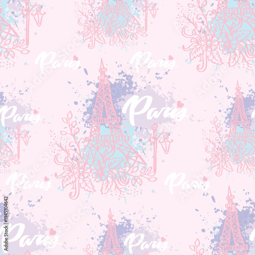 Seamless pattern with Eiffel tower and hand drawn flowers. Vector illustration.