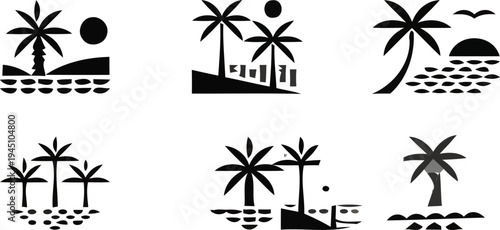 Hand drawing Set of 6 black palm tree icons vector