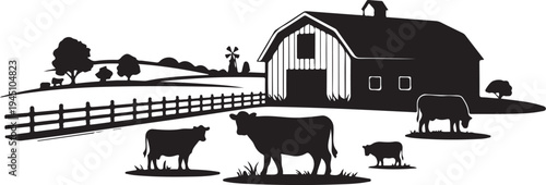Black and white farm scene with barn and cows rural