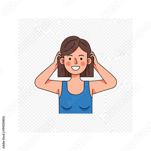 A cartoon woman with purple hair smiling and touching her head