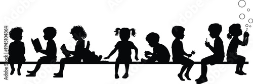 Children Silhouettes Sitting on a Bench Reading and Playing with Bubbles vector illustration