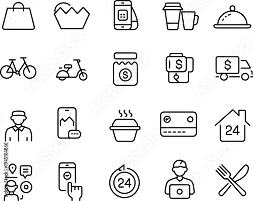 Food delivery icon set, shopping and payment symbols, mobile ordering graphics, logistics and transport tools, outline style, black vector, white background