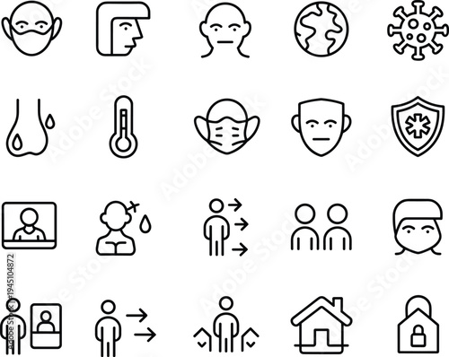 Health icon set, safety and pandemic symbols, medical protection graphics, social distancing tools, outline style, black vector, white background