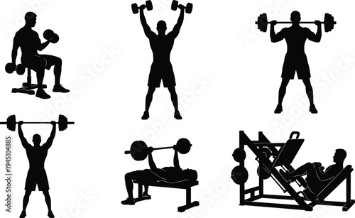Set of gym workout silhouettes with weightlifting exercises, athletes training with dumbbells, barbell and leg press machine isolated on light background fitness icons