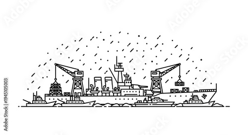 Cargo Ship Loading and Unloading with Cranes in a Stylized Black and White Illustration