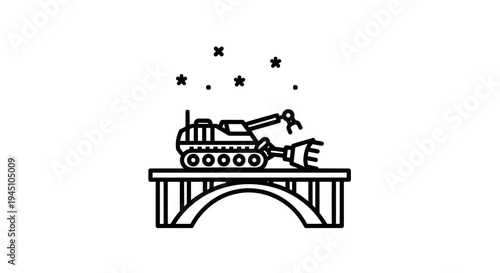 Construction Tank with Robotic Arm Building Bridge Under Starry Sky