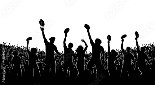 Crowd Silhouette Cheering with Hands Up, Celebrating, Festival, Concert, Party, Success