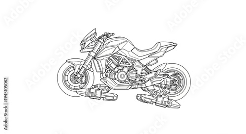 Detailed Motorcycle Blueprint: Modern Sportbike Line Art Illustration