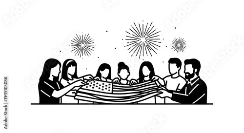 Diverse group of people holding American flag with fireworks, celebrating.