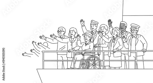 Diverse group of people waving from a ship deck, including someone in a wheelchair, symbolizing travel and inclusion.