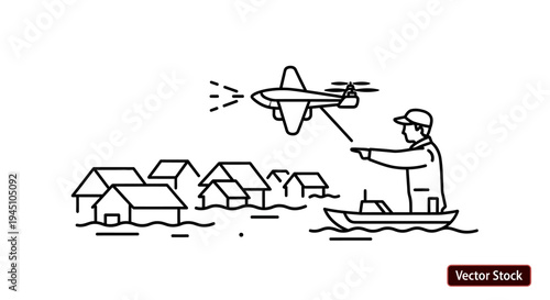 Drone delivery during flood disaster, person in boat controlling drone over flooded houses