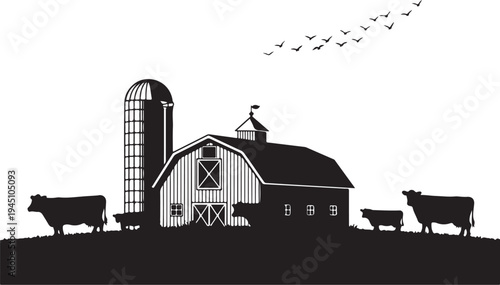 Black and white farm scene with barn silo and cows