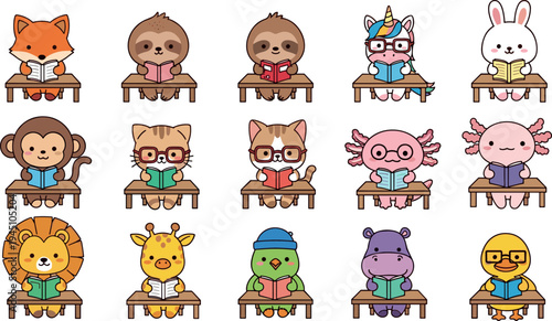 Cute animals reading books at school desks cartoon vector set with lion giraffe fox bunny monkey students