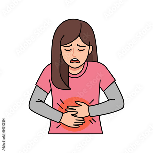 A woman clutching her stomach in pain