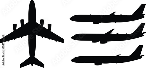 Commercial airplane silhouettes collection, passenger jet aircraft icons, aviation transport set isolated on white background with side views