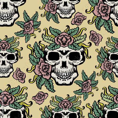 Seamless pattern with skulls and floral ornament. Vector illustration.