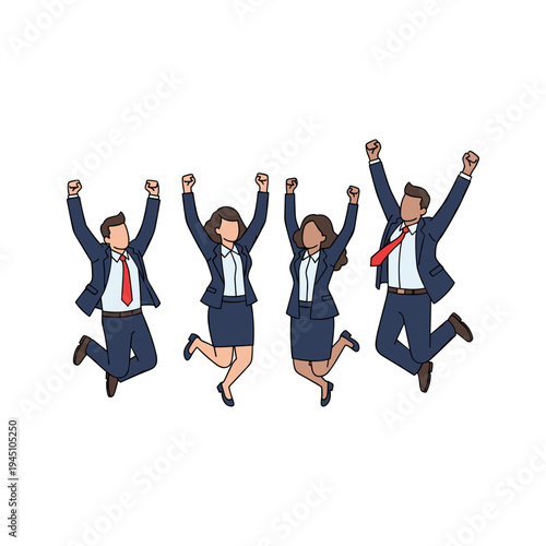 Four business people jumping in the air with their fists raised