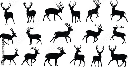 Collection of black silhouettes of deer in various poses and movements animal wildlife