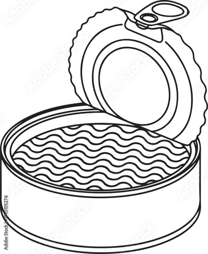 Canned food open tin vector illustration showing aluminum container with metal pull tab tuna can icon design seafood storage product symbol