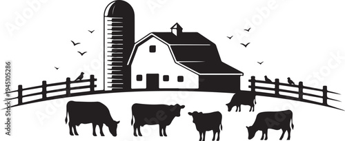 Black and white farm scene with barn silo and cows