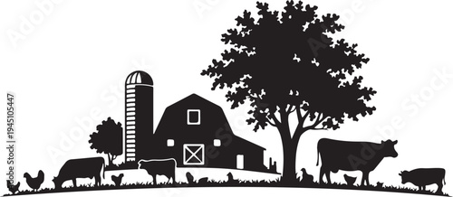 Black and white farm scene with barn silo tree and animals