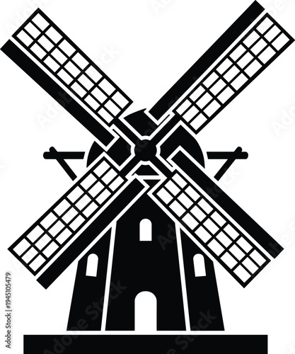 Traditional Dutch windmill silhouette isolated on light background, classic European windmill icon with rotating blades for heritage, rural landscape and vintage architecture design