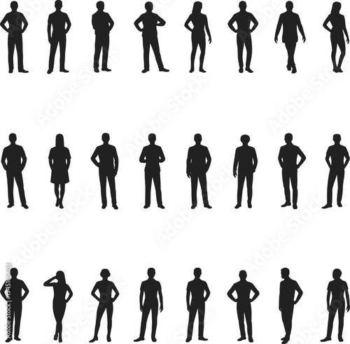 Collection of black silhouettes of men and women in casual standing poses people adults
